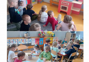 Kolaż przedstawiający dzieci z grupy Liski oglądających prezentację "Co dymi?" oraz kolorujących obrazek Dinka