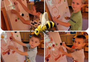 Kolaż zdjęć dzieci tworzących gazetkę o rozwoju pszczoły.