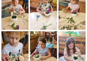 Dzieci z grupy „Smerfy” podczas robienia kompozycji kwiatowych.