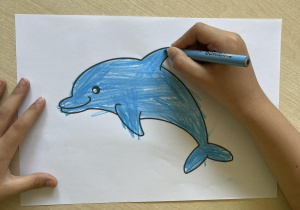 Chłopiec koloruje obrazek delfina.