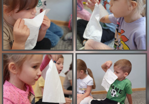 Zdjęcie to kolaż z czterech fotografii, na których dzieci wykonują ćwiczenia oddechowe z chusteczkami higienicznymi.