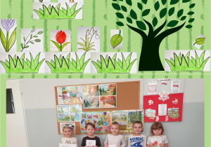 Dzieci przy pomocy programu Easel wykonały plakat „Oznaki Wiosny”. Zdjęcie to kolaż, który przedstawia wykonany projekt oraz dzieci prezentujące swoje prace.