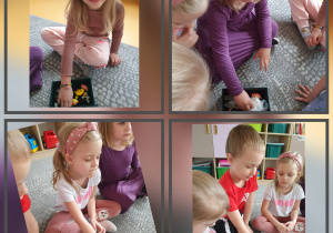 Zdjęcie to kolaż z czterech fotografii. Dzieci losują przedmioty i naśladują odgłos wydawane przez wylosowany przedmiot.