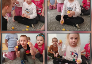 Zdjęcie to kolaż z czterech fotografii. Dzieci siedzą na dywanie odszukują taki sam dźwięk w kinder jajkach.