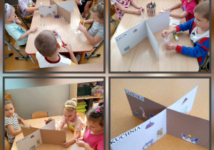 Misja Dom - ,,Jak możemy oszczędzać w domu". Zdjęcie to kolaż z czterech fotografii. Dzieci z grupy Liski przy stolikach tworzą pomieszczenia domu z kartonu, uczą się jak oszczędnie korzystać z urządzeń w domu.