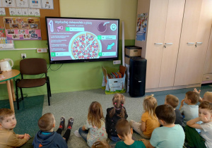 Zdjęcie przedstawia dzieci siedzące przed monitorem interaktywnym słuchające opowiadania jak powstała pizza