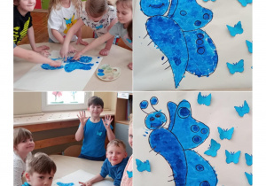 Kolaż z dziećmi z grupy Tropiciele malującymi niebieskie motyle oraz efekty końcowe ich prac.