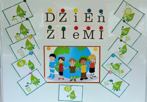 Tablica z napisem Dzień Ziemi oraz piktogramami przedstawiającymi ekologiczne zachowania.