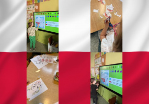 Motylki układają flagę Polski poprzez kodowanie na monitorze oraz wykonują patriotyczną pracę plastyczną