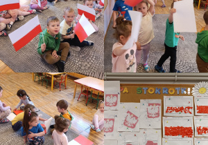 Kolaż zdjęć dzieci z grupy Stokrotki podczas zabaw z flagą Polski