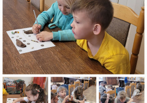 Dzieci z grupy Smerfy obrysowują wykopane przez siebie przedmioty.