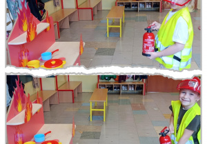 Kolaż z dziećmi gaszącymi gaśnicą niby płonącą kuchenką.