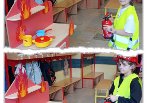 Zdjęcia dziewczynki i chłopca w odblaskowych kamizelkach trzymające w ręku gaśnicę i gaszące niby płonącą kuchenką