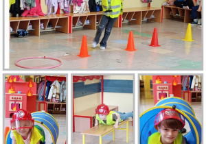 Trzy zdjęcia prezentujące dzieci w trakcie pokonywania toru przeszkód.