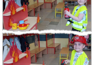 Kolaż z dziećmi gaszącymi gaśnicą niby płonącą kuchenką.