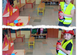 Zdjęcia dwóch dziewczynek w odblaskowych kamizelkach trzymające w ręku gaśnicę i gaszące niby płonącą kuchenką.
