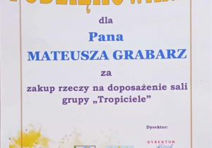 Podziękowanie dla rodzica za zakup rzeczy na doposażenie sali Tropiciele.