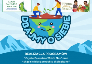 Grafika przedstawia napis Czyste Powietrze Wokół Nas oraz Skąd się biorą produkty ekologiczne, planetę Ziemię oraz dbających o nią ludzi
