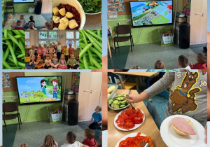 Kolaż przedstawia zagadnienia Programu Skąd się biorą produkty ekologiczne w grupie Motylków. Grupa realizuje również przy okazji zagadnienia z projektu promującego zdrowe odżywianie wśród dzieci.
