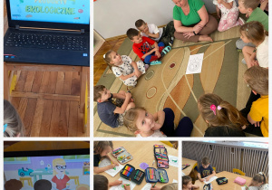Kolaż zdjęć dzieci z grupy "Misie" podczas realizacji zadań z projektu ekologicznego Skąd biorą się produkty ekologiczne?"