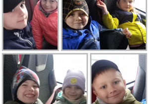 Kolaż czterech zdjęć przedstawiający dzieci w czasie jazdy autokarem.