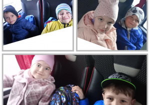 Kolaż czterech zdjęć przedstawiający dzieci w czasie jazdy autokarem.