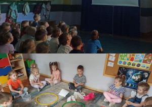 Misja dom. Na tropie ekonawyków. Kolaż zdjęć przedstawiający dzieci z grupy Słoneczka podczas oglądania bajki ,,Dbamy o naturę” oraz segregacji śmieci.