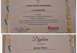 Certyfikat oraz dyplom za udział w projekcie.
