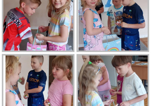Kolaż z solenizantkami częstującymi przedszkolaków cukierkami.