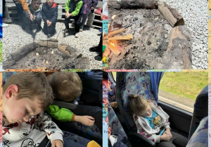 Kolaż przedstawia Motylki podczas powrotu do przedszkola oraz pieczenie pianek na ognisku