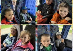 Kolaż przedstawia Motylki w autobusie podczas wycieczki