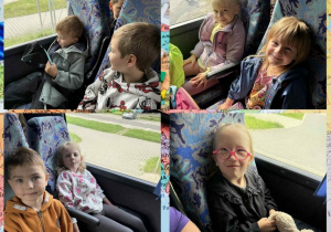 Kolaż przedstawia Motylki w autobusie podczas wycieczki