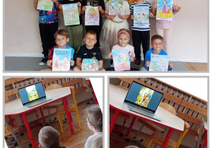 Kolaż dzieci z grupy Tropiciele w trakcie oglądania prezentacji dotyczącej bezpieczeństwa.