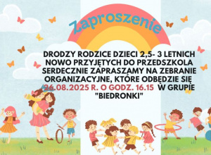 zaproszenie na zebranie z rodzicami dla najmłodszych przedszkolaków - tekst na kolorowym tle przedstawiającym dzieci i tęczę.
