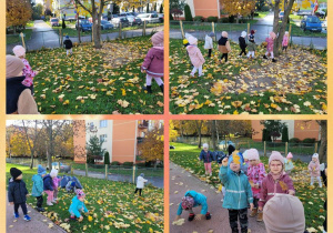 Kolaż zdjęć dzieci z zebranymi liśćmi