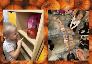 Kolaż przedstawia aktywności Słoneczek z dyniami oraz dekorację z okazji Dnia Dyni