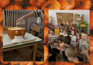 Kolaż przedstawia Magiczną Dynię, która zamieniła się w wulkan oraz zachwycone dzieci