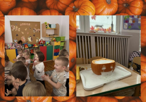 Kolaż przedstawia Magiczną Dynię, która zamieniła się w wulkan oraz zachwycone dzieci