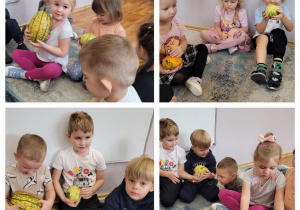 Kolaż zdjęć dzieci siedzących na dywanie i oglądających dynie.