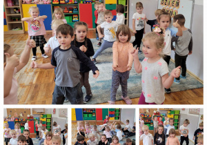 Kolaż zdjęć dzieci biorących udział w zabawie ruchowej.