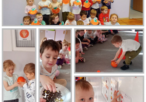 Dzieci z grupy Biedronki w trakcie: oglądania dyni, kosztowania, zabaw z dynią oraz prezentujące prace plastyczne - dynie z talerzyków.