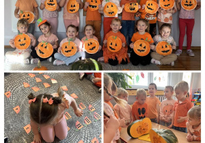 Kolaż zdjęć w grupie Stokrotki podczas świętowania Dnia Dyni.