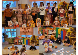 Kolaż zdjęć dzieci z grupy Żabki podczas zabaw z obchodów Dnia Dyni.