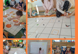 Kolaż przedstawia dzieci z grupy Smerfy podczas zabaw z robotem Zosia z okazji Dnia Dyni.