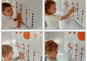 Kolaż zdjęć, na których przedszkolaki łączą obrazki dyni z cieniami.