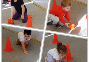 Kolaż – dzieci turlają dynie slalomem między pachołkami.