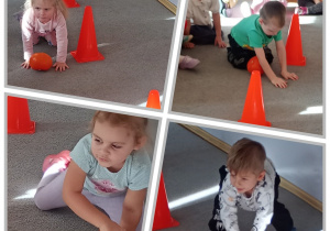 Kolaż – przedszkolaki turlają dynie slalomem między pachołkami.