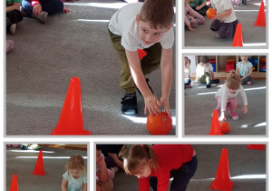 Kolaż pięciu zdjęć, na których przedszkolaki turlają dynie slalomem między pachołkami.