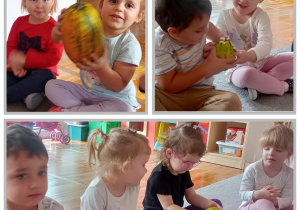 Kolaż ze zdjęciami prezentującymi dzieci w trakcie oglądania dyń.