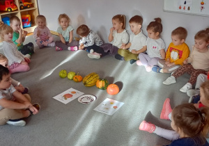 Dzieci siedzące na dywanie dookoła różnych gatunków dyni i ilustracji z informacjami o warzywie.